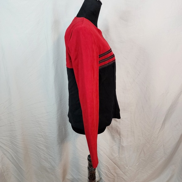 Vintage AMANDA SMITH Size 10 Red Black Microsuede Faux Suede Collarless Jacket - Picture 3 of 8